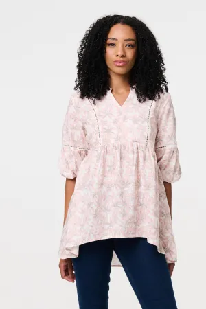 Floral Curve Hem 3/4 Puff Sleeve Blouse