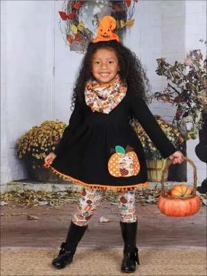 Girls Halloween Themed Pumpkin Printed Long Sleeve Pom Pom Tunic, Leggings And Scarf Set