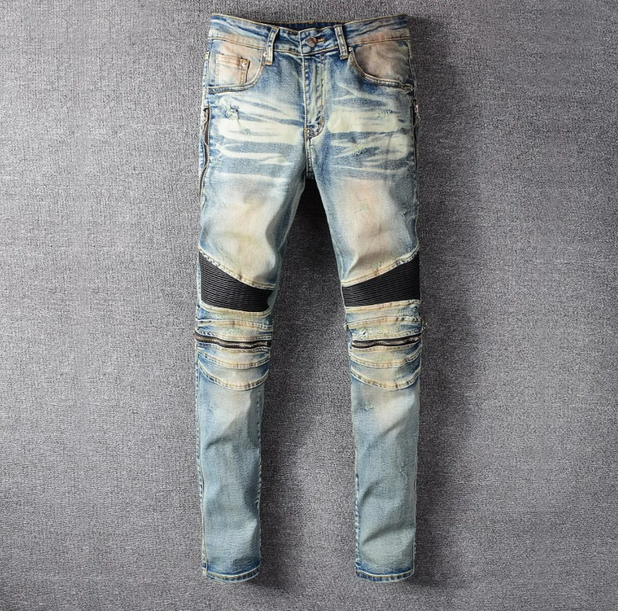 Grey Pleated Biker Patchwork Jeans