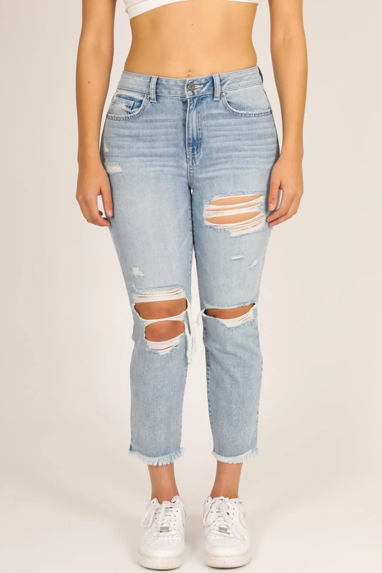 High Rise Jersey Crop Jeans- Powder Destruction