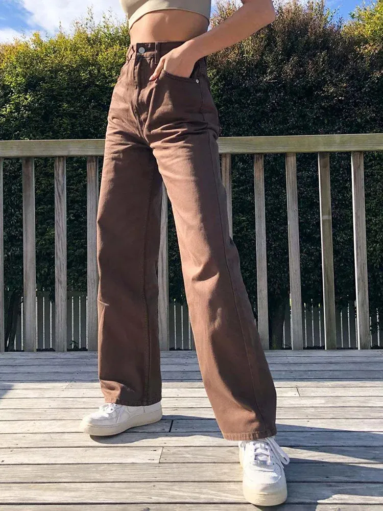 High Waist Wide Leg Baggy Oversized Classic Casual Brown Jean