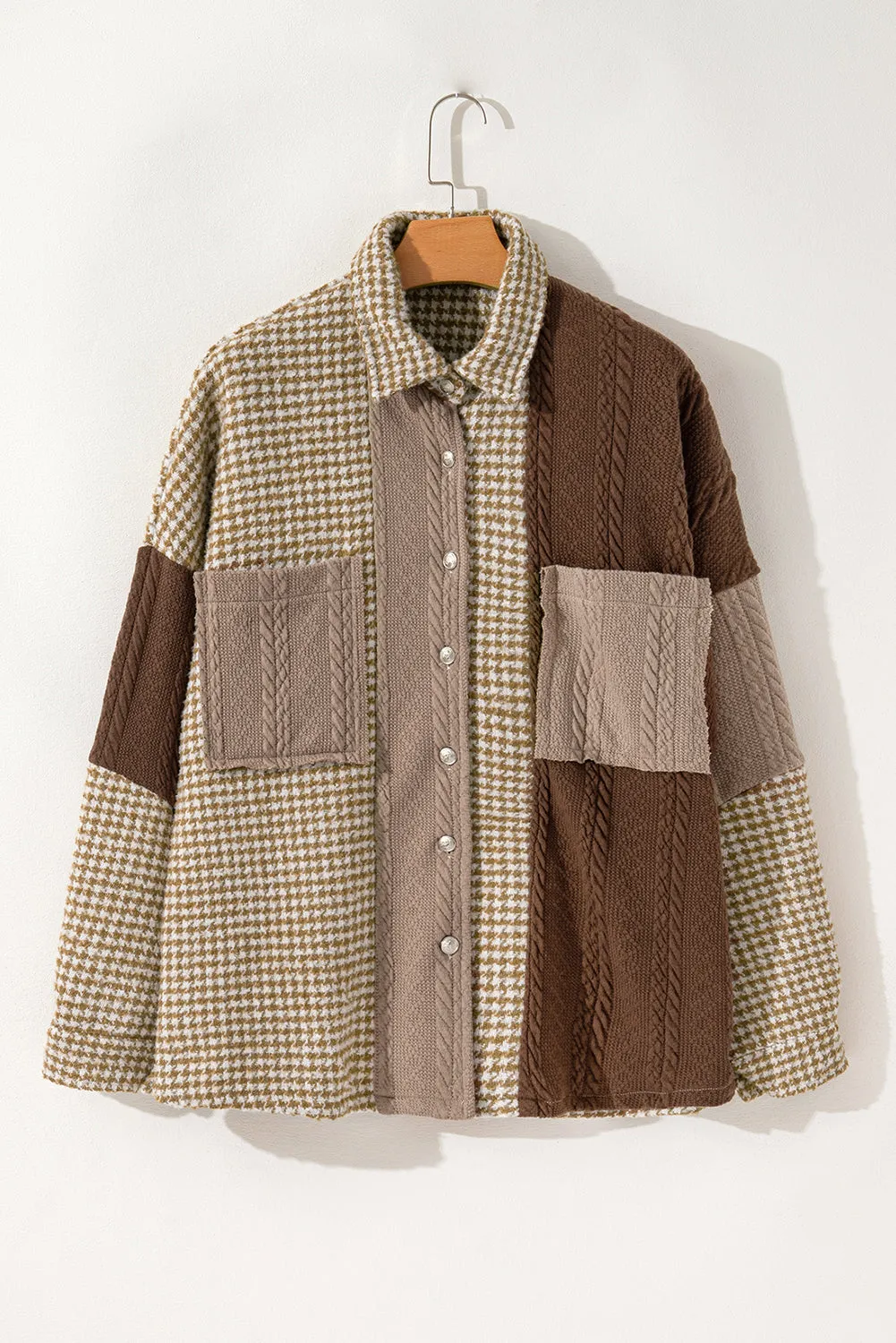 Houndstooth Cable Knit Patchwork Shacket