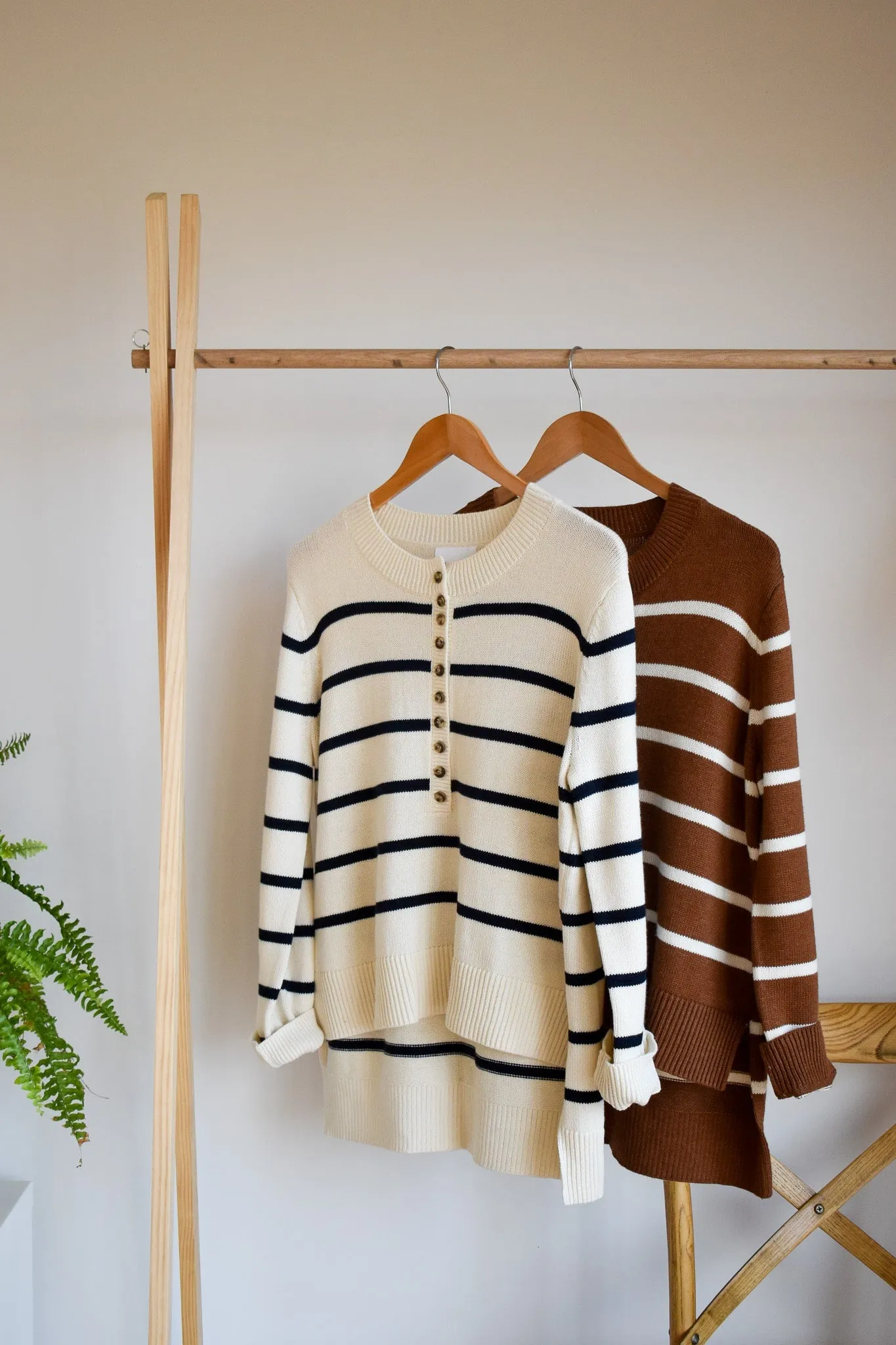 Ivory/Navy Breton Stripe Button Henley