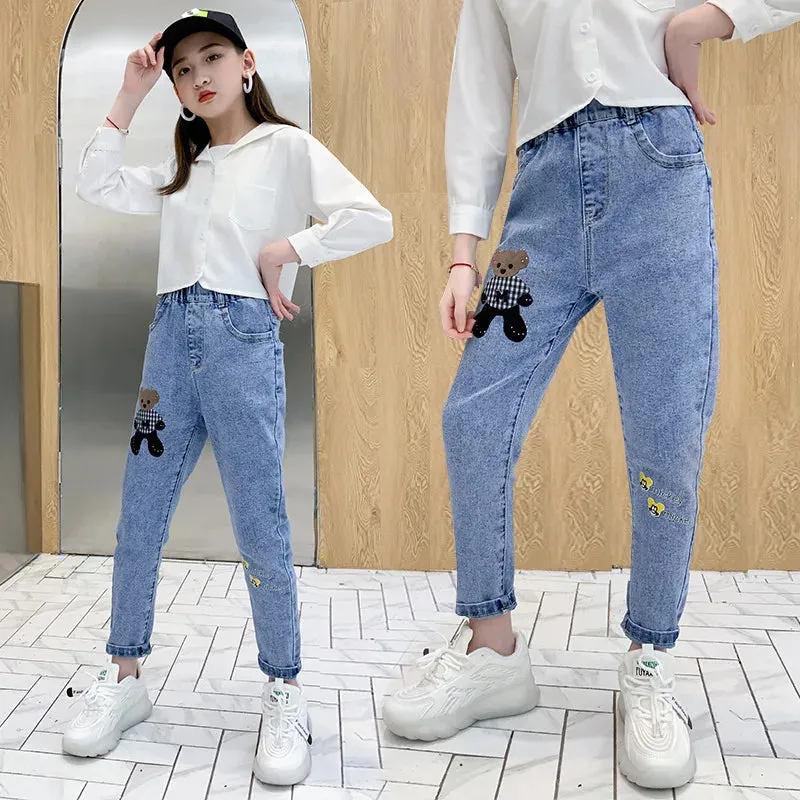 Kids Girl Jeans  Cartoon Long Pants Spring Autumn Graffiti Painting Print Casual Trousers with Hole Children Denim Pants