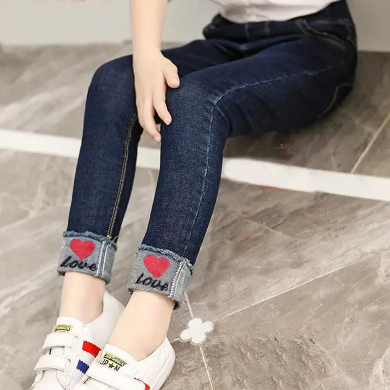 Kids Girl Jeans  Cartoon Long Pants Spring Autumn Graffiti Painting Print Casual Trousers with Hole Children Denim Pants