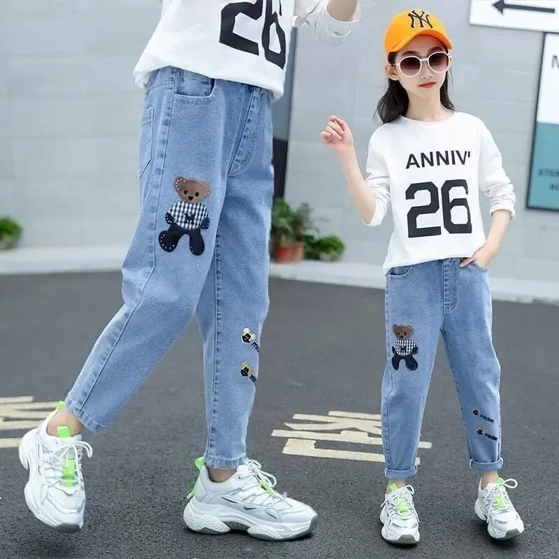 Kids Girl Jeans  Cartoon Long Pants Spring Autumn Graffiti Painting Print Casual Trousers with Hole Children Denim Pants