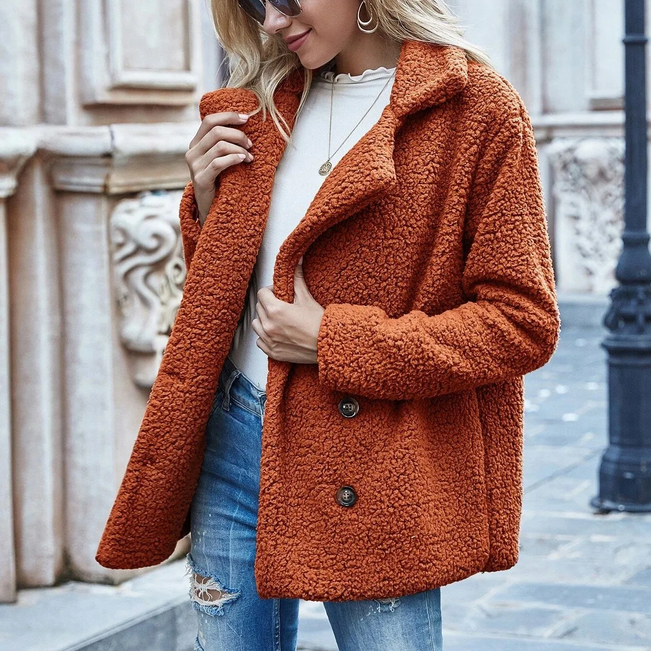 Lapel Collar Double Button Teddy Coat