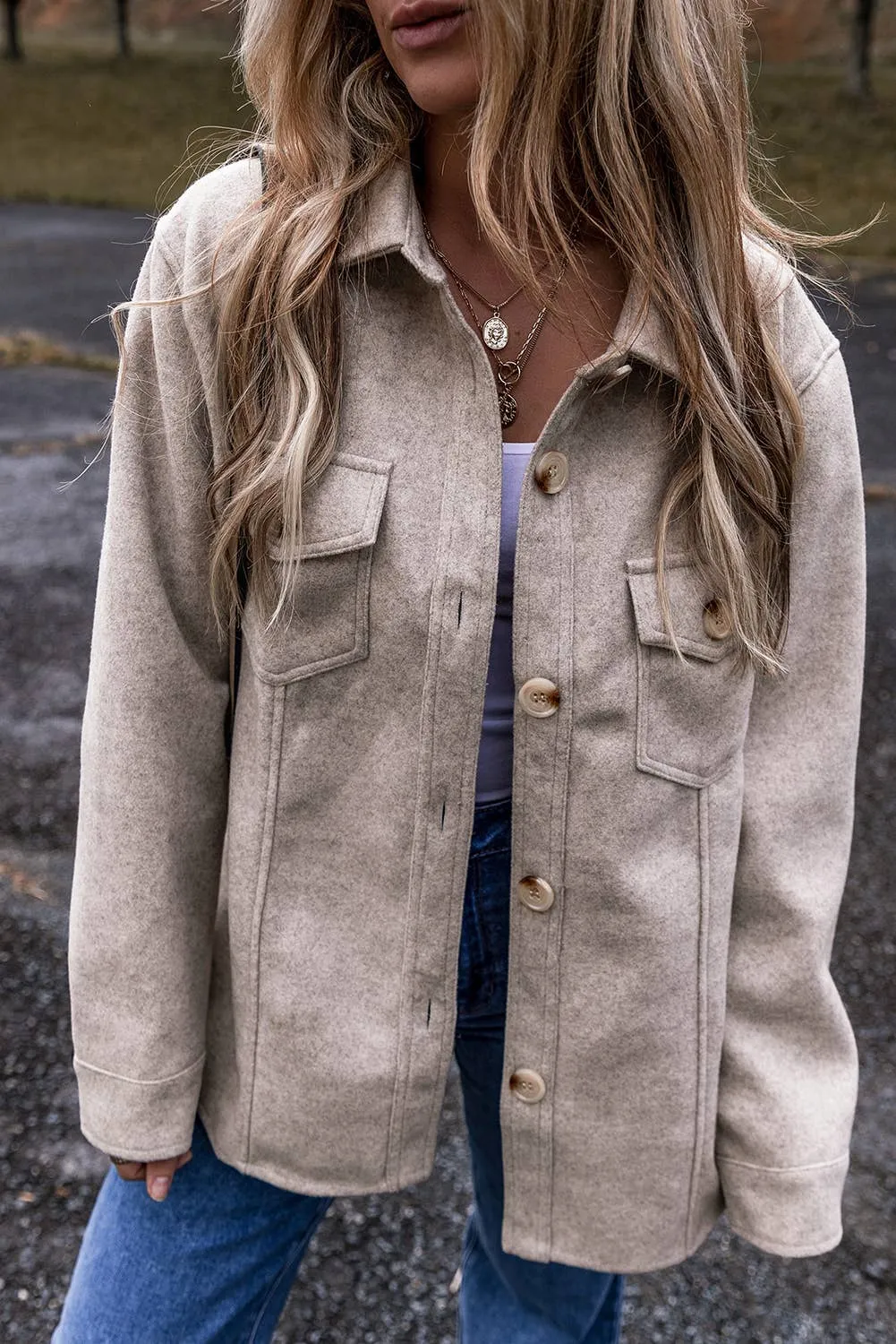 LDC Turn Down Collar Flap Pockets Buttoned Shacket