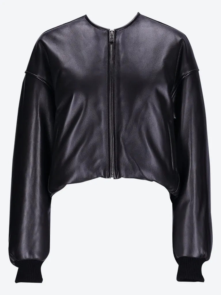 Leather hooded bomber jacket