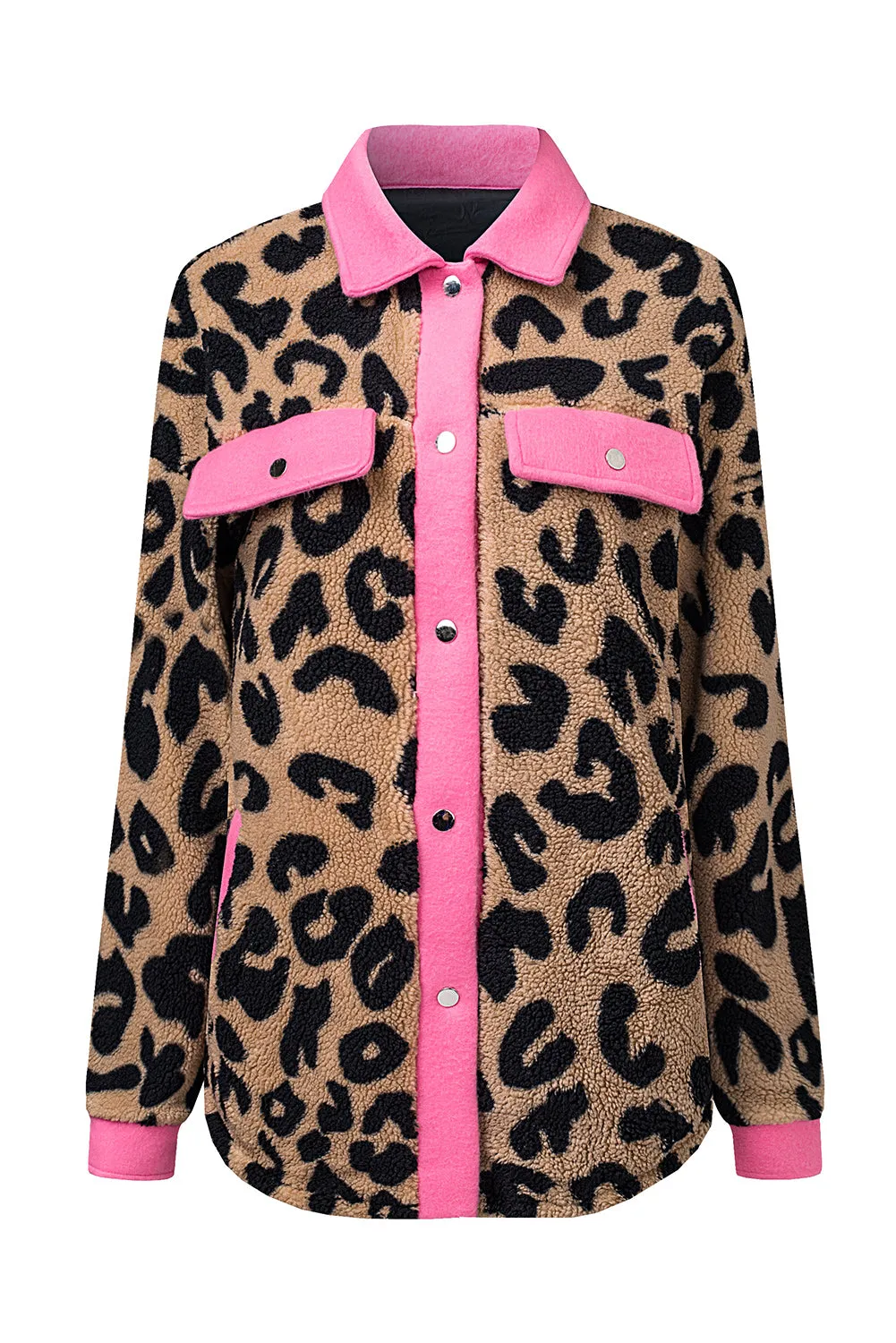 Leopard Contrast Trim Sherpa Shacket