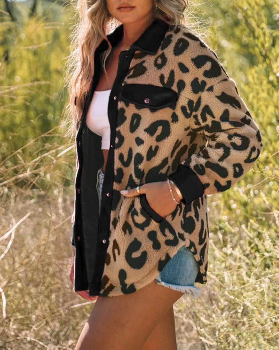 Leopard Contrast Trim Sherpa Shacket