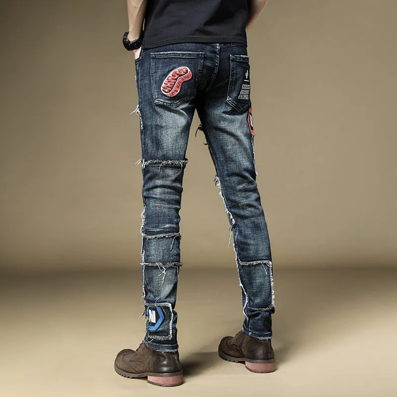 Letter and Number Patchwork Style Slim Jeans