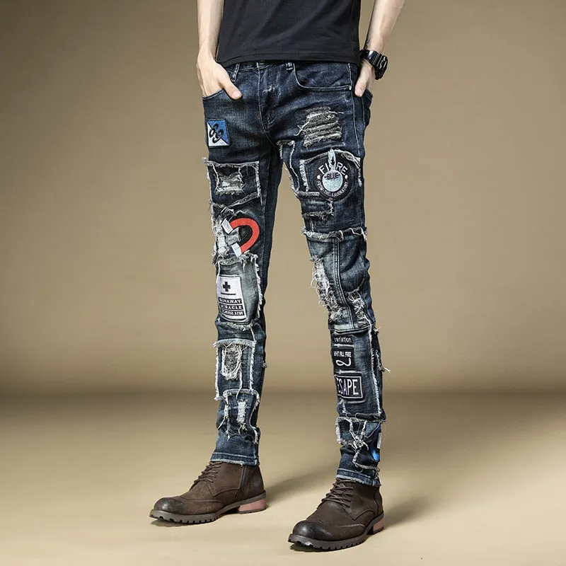 Letter and Number Patchwork Style Slim Jeans