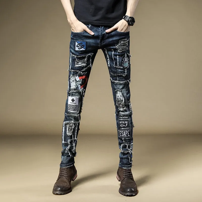 Letter and Number Patchwork Style Slim Jeans