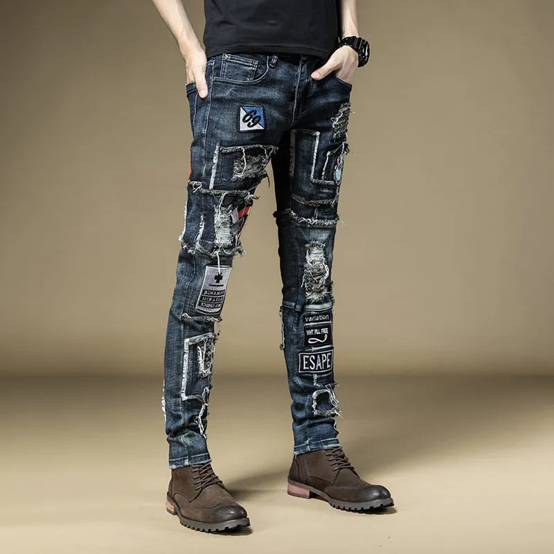 Letter and Number Patchwork Style Slim Jeans