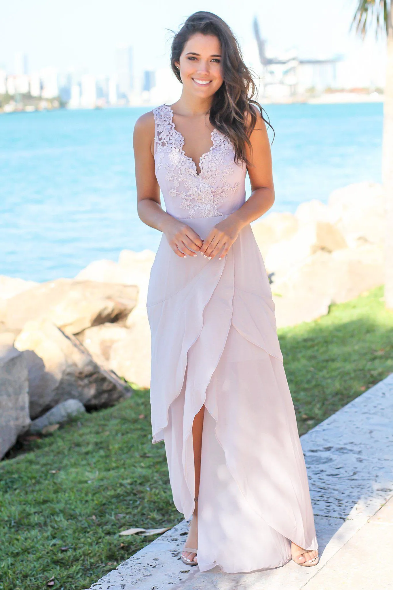 Lilac Gray Maxi Dress with Embroidered Top