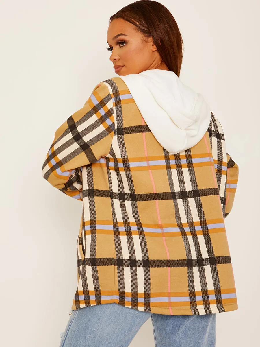 Lisa Thick Checked Shacket With Zip & Hood In Camel