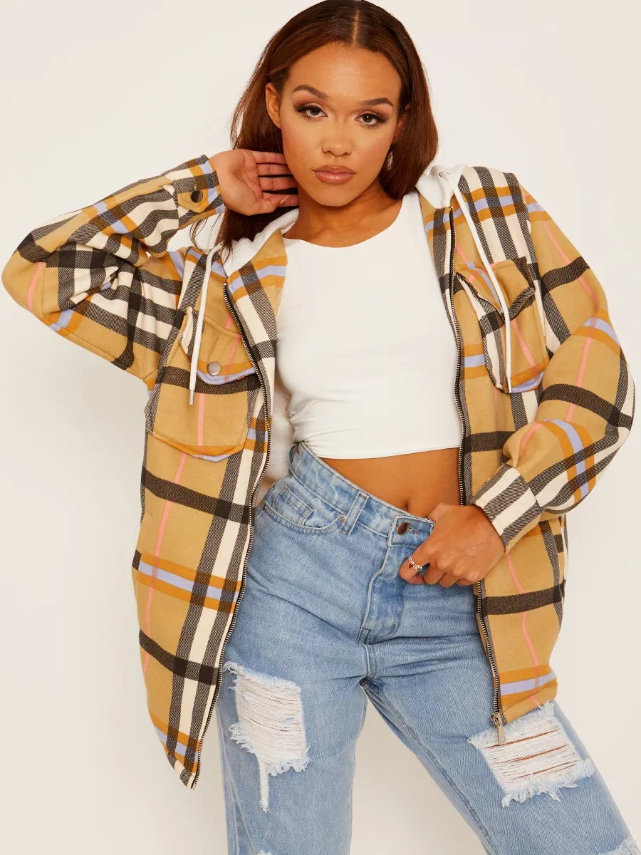 Lisa Thick Checked Shacket With Zip & Hood In Camel