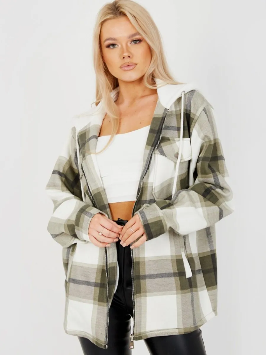 Lisa Thick Checked Shacket With Zip & Hood In Khaki