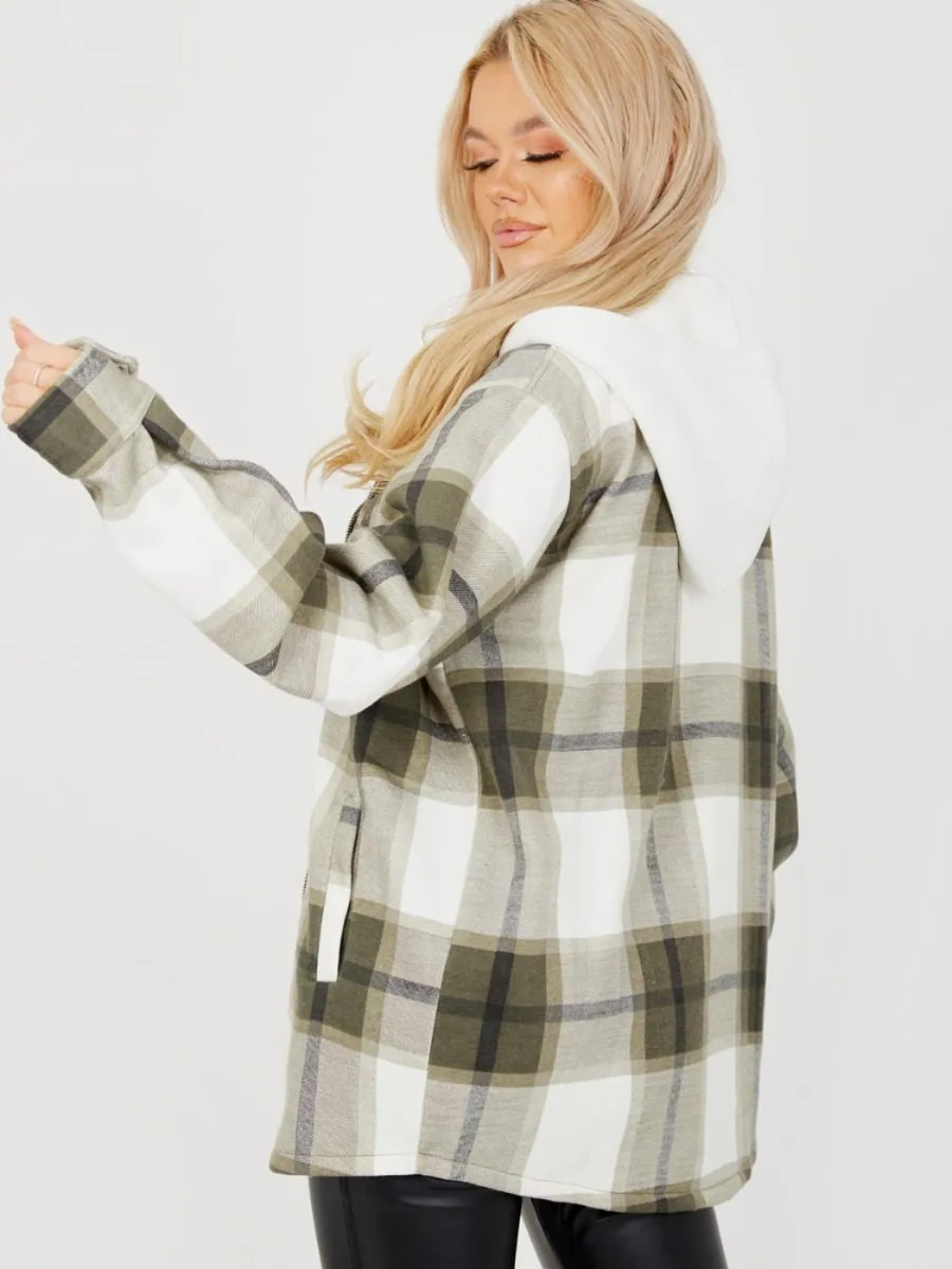 Lisa Thick Checked Shacket With Zip & Hood In Khaki