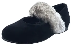 Luccini Girl's Slip-On Mary Jane with Fur Trim (Black Suede)