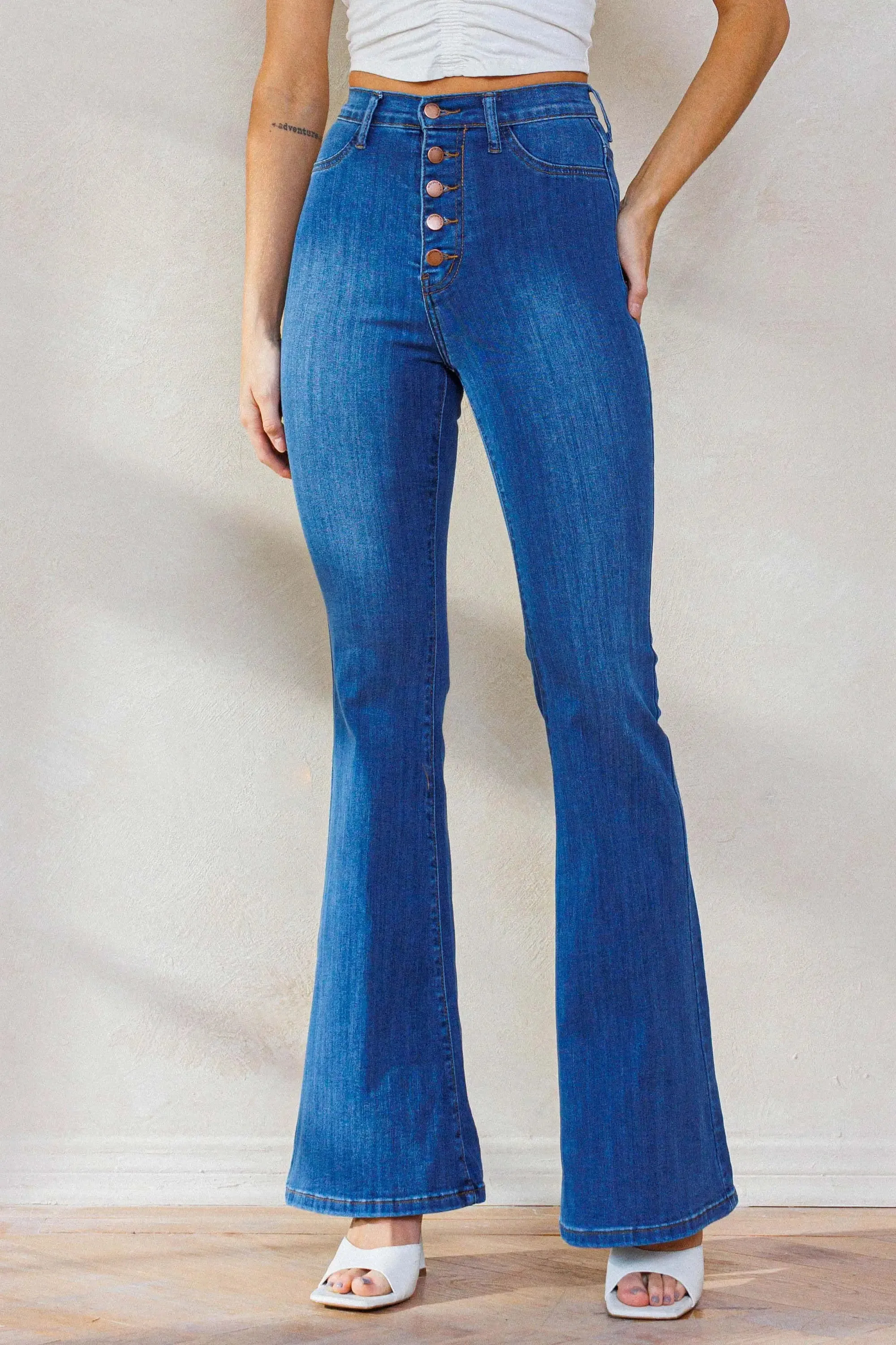 Medium Wash Button Up Flare Jeans-Vibrant M.I.U