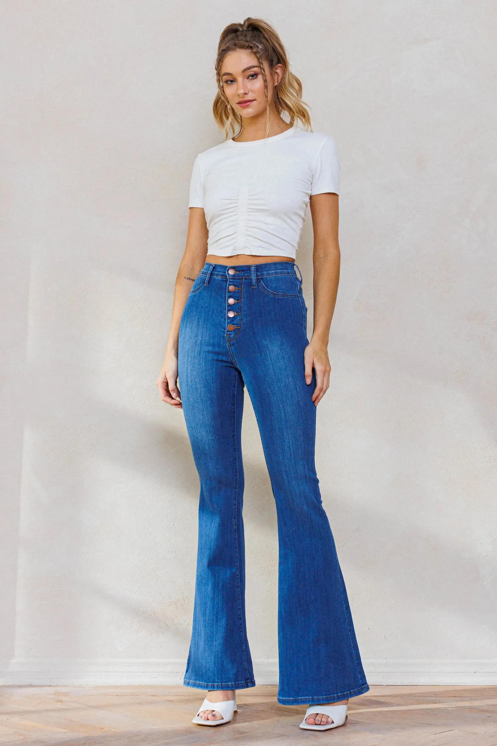 Medium Wash Button Up Flare Jeans-Vibrant M.I.U