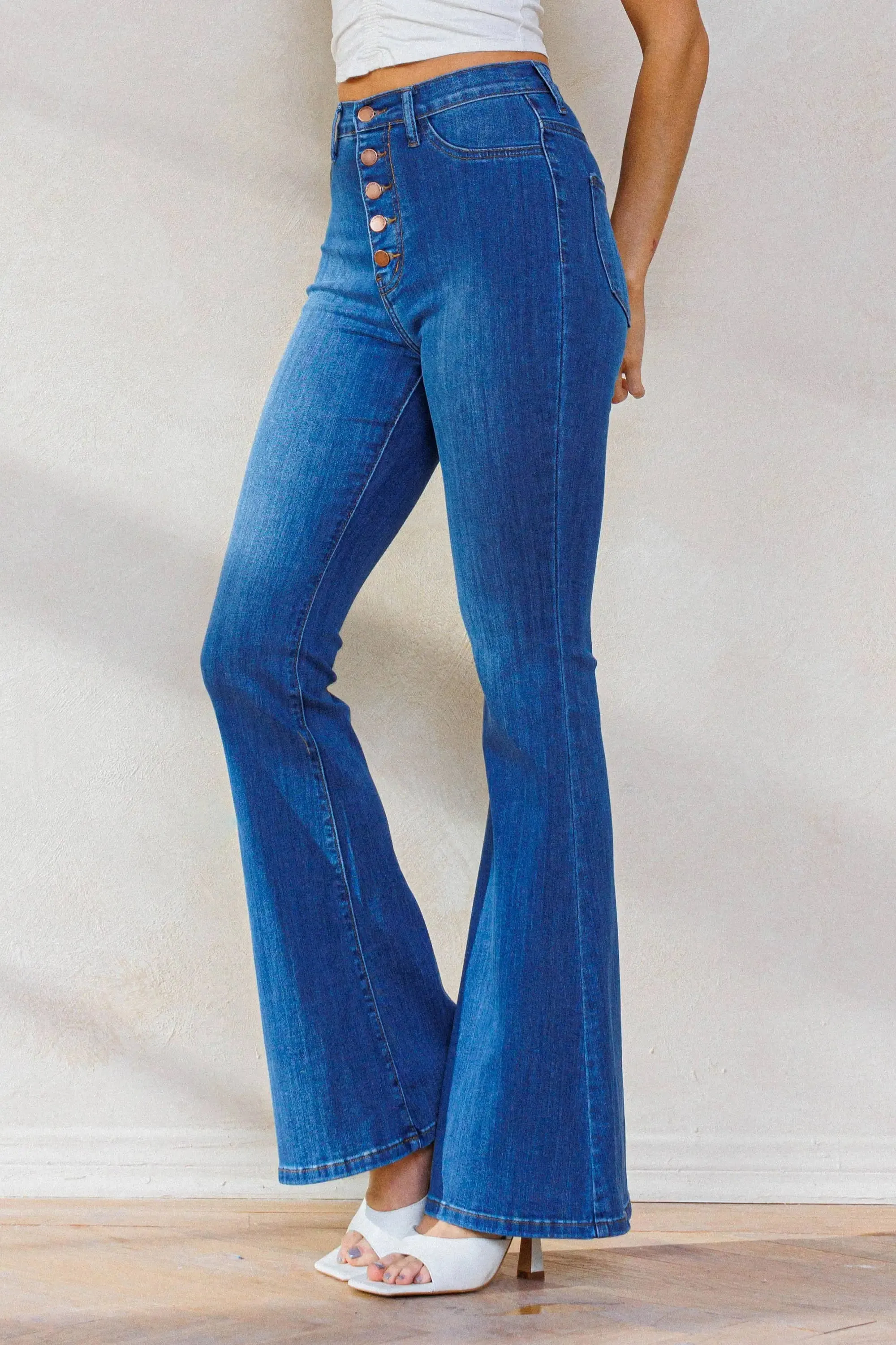 Medium Wash Button Up Flare Jeans-Vibrant M.I.U