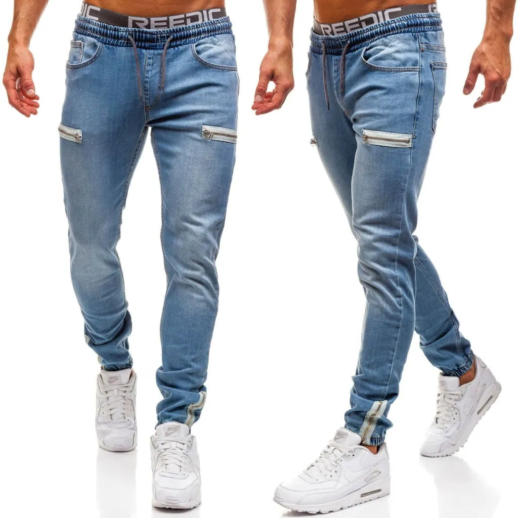 Men Drawstring Zipped Pocket Sports Skinny Jeans