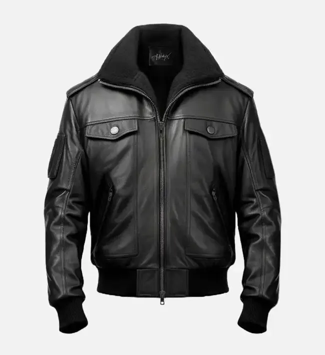 Men's Aviator Black Leather Bomber Jacket