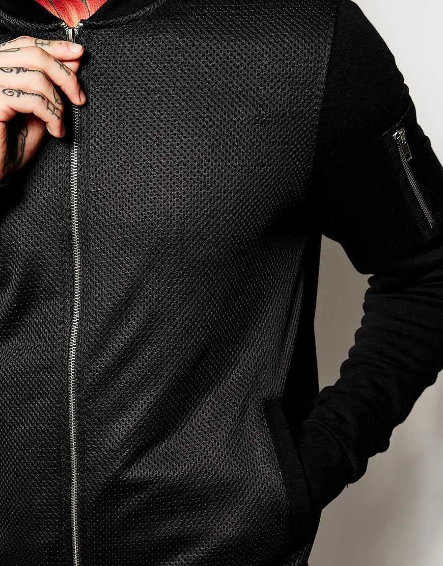 Mens Black Mesh Bomber Jacket  with Jersey Hoodie