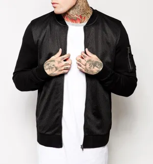 Mens Black Mesh Bomber Jacket  with Jersey Hoodie