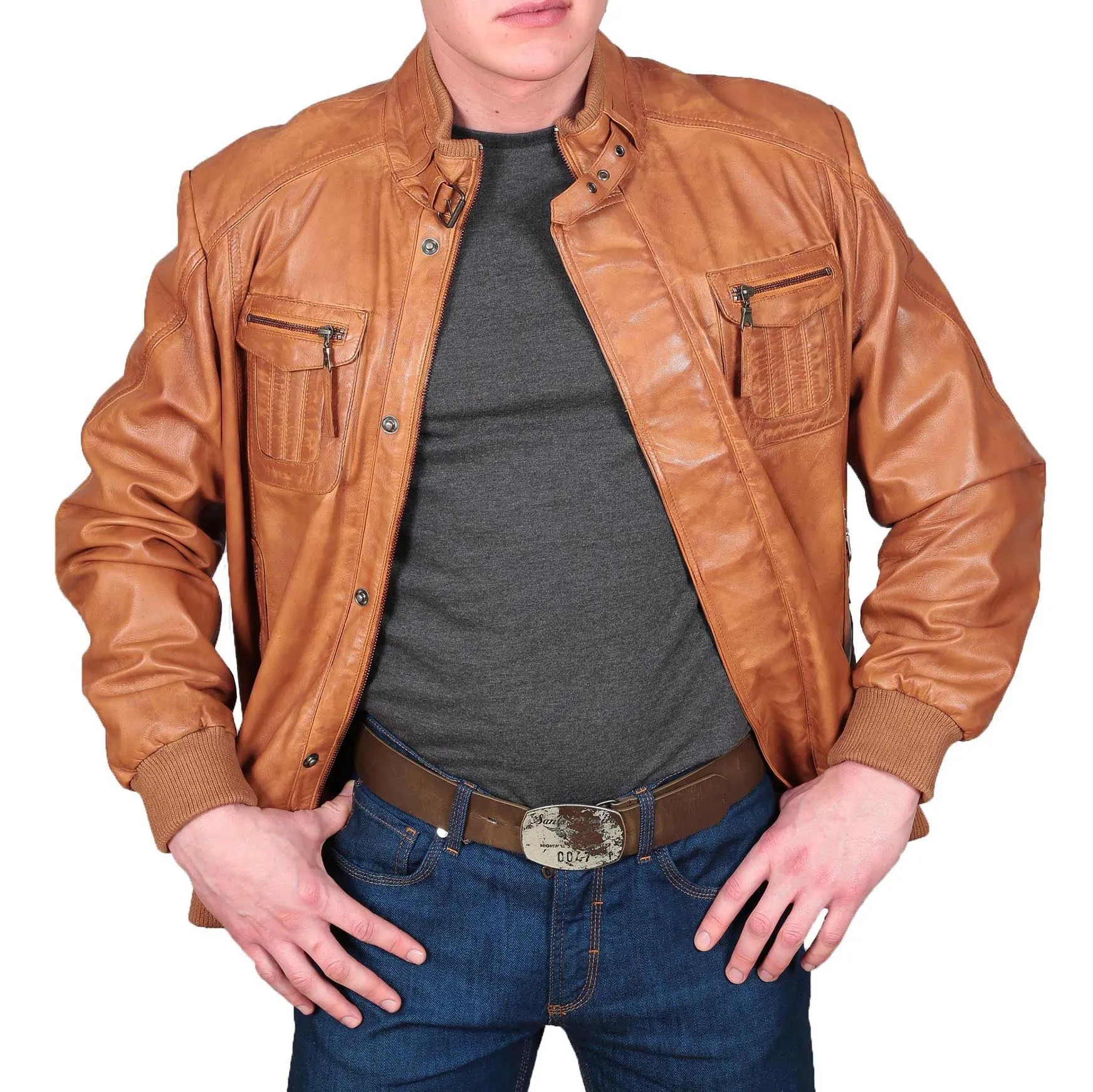 Mens Bomber Soft Leather Jacket Zip Fasten Ryan Tan