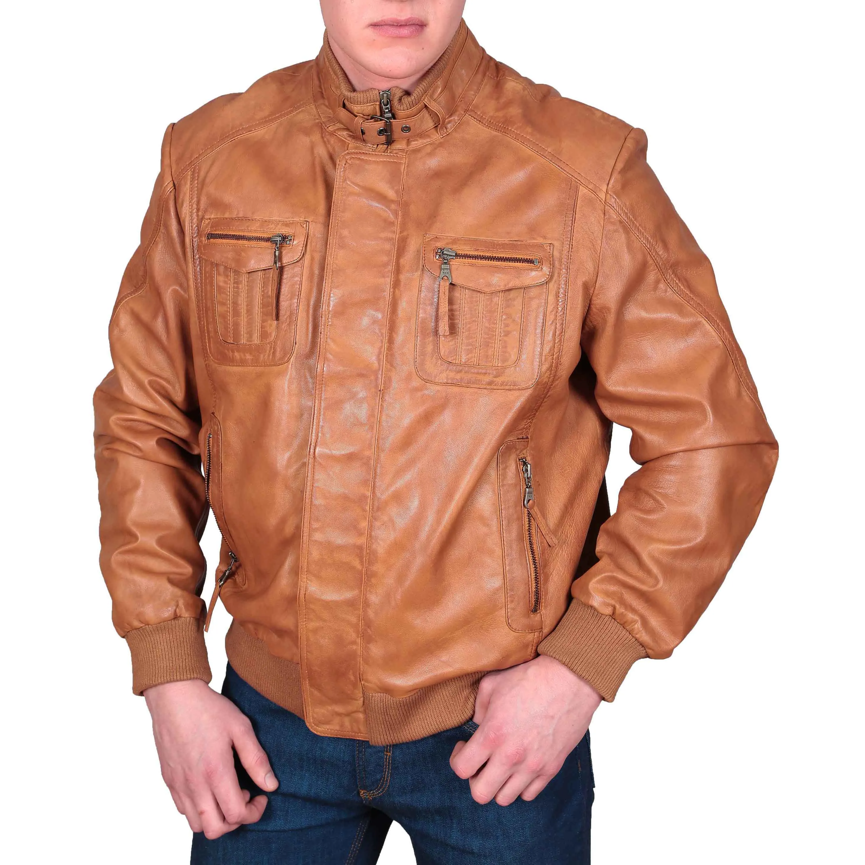 Mens Bomber Soft Leather Jacket Zip Fasten Ryan Tan