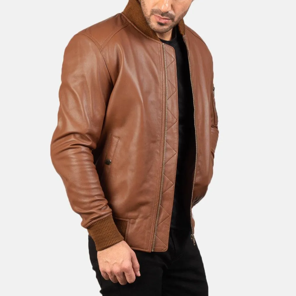 Mens Classic Brown leather Bomber Jacket