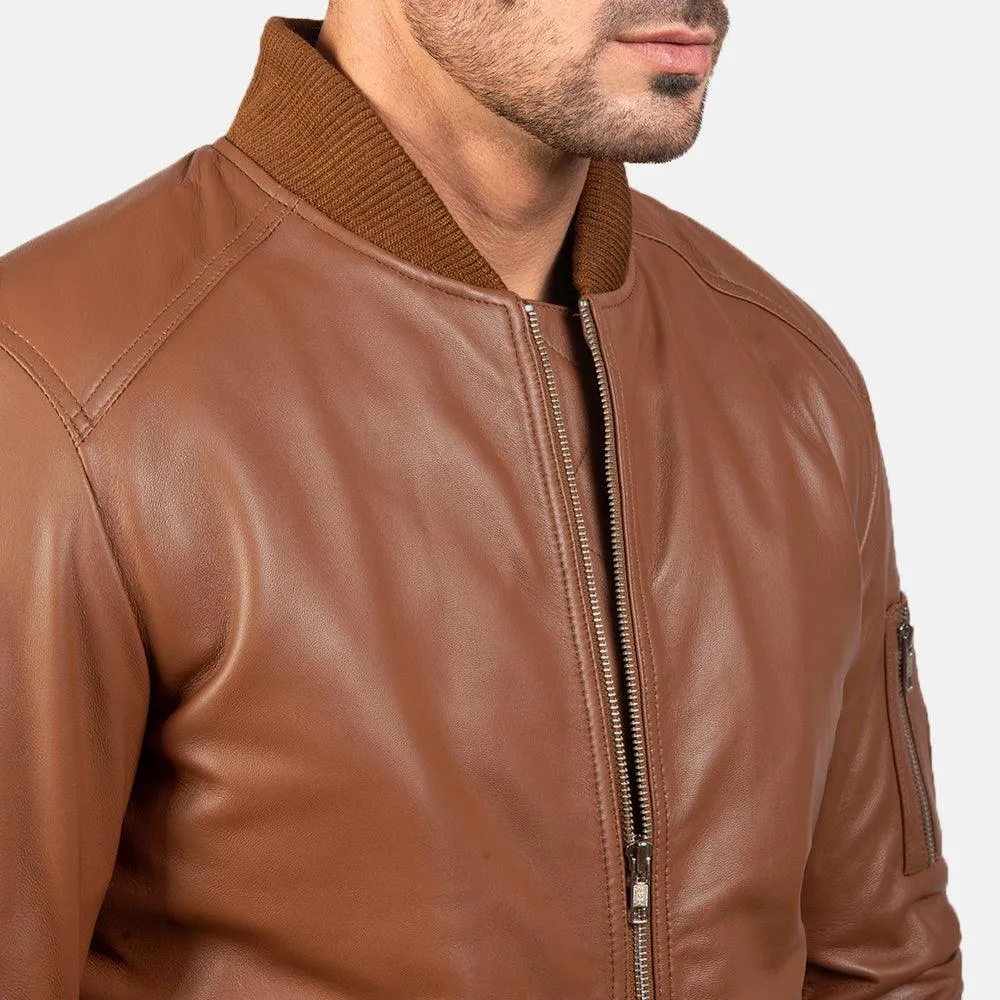 Mens Classic Brown leather Bomber Jacket