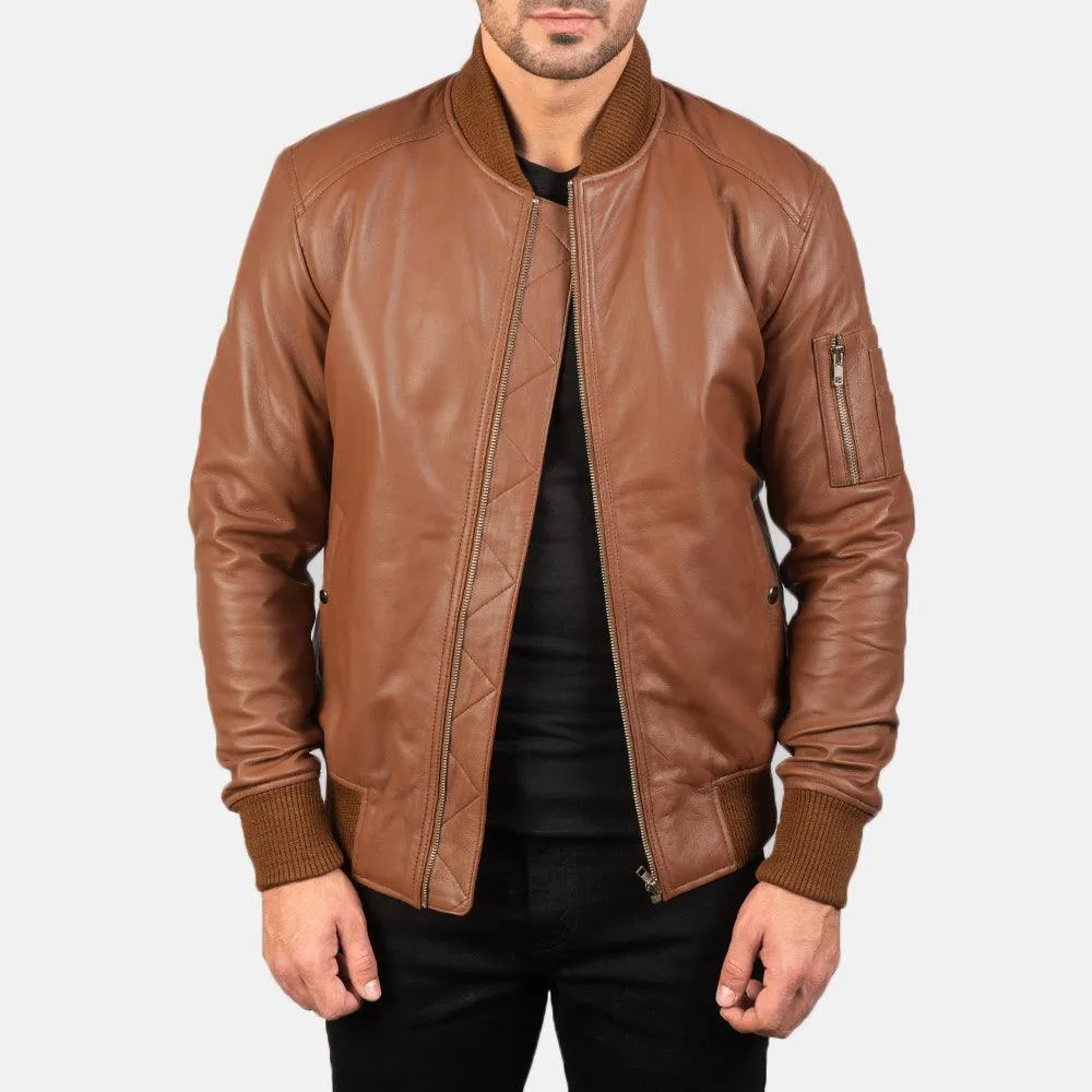 Mens Classic Brown leather Bomber Jacket