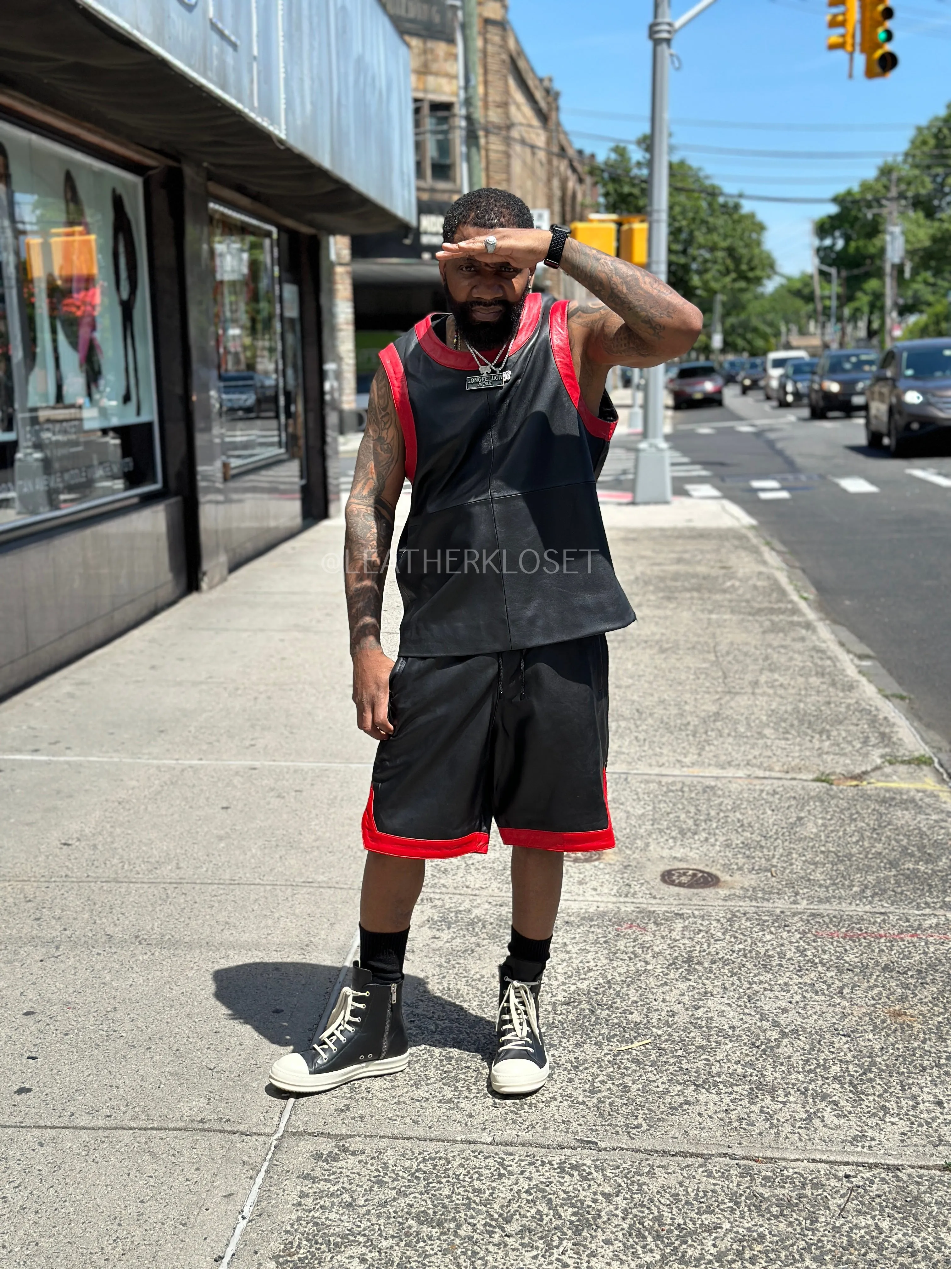 Men's Crossover Leather Basketball Jersey And Shorts [Black/Red]