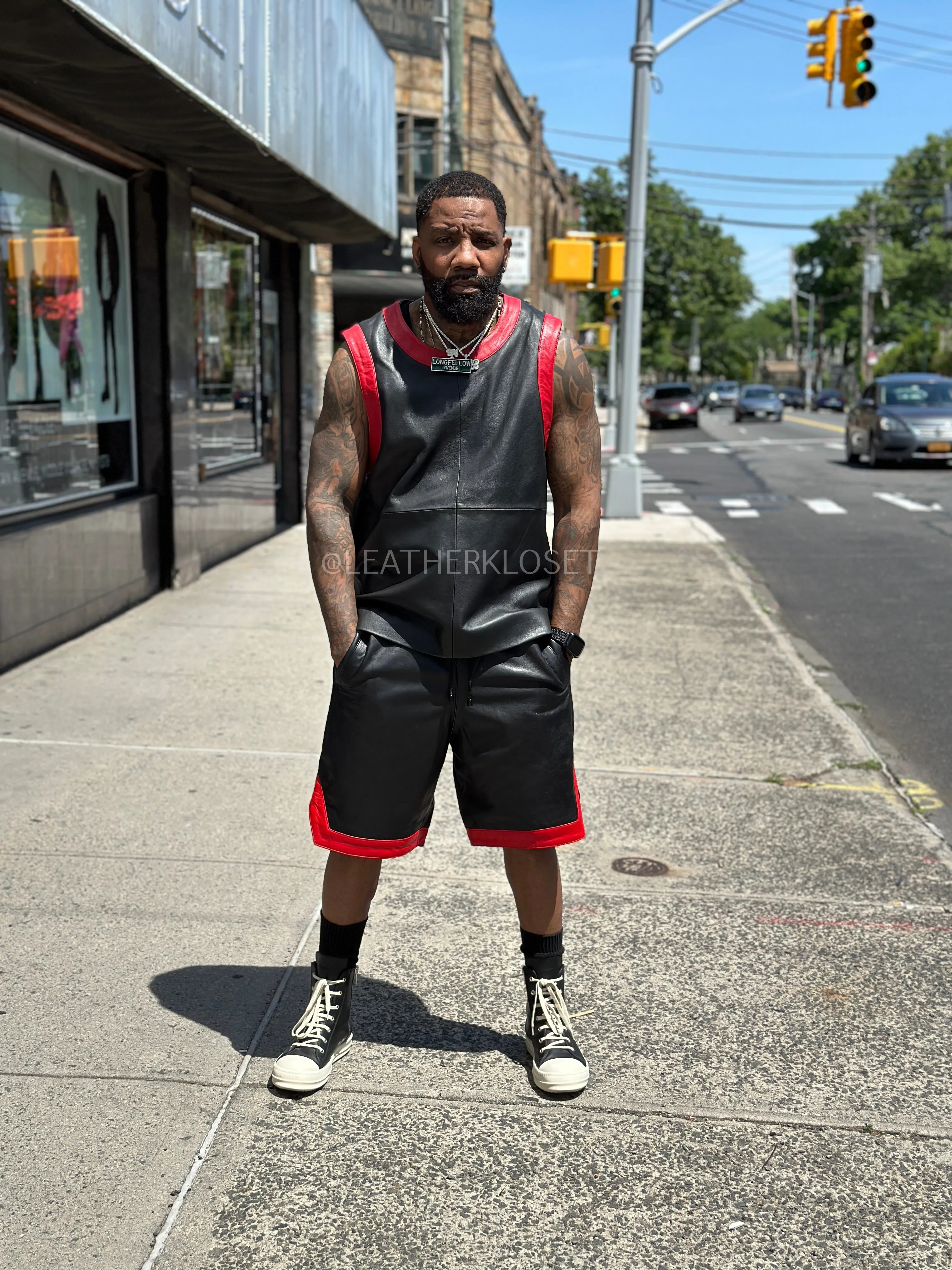 Men's Crossover Leather Basketball Jersey And Shorts [Black/Red]