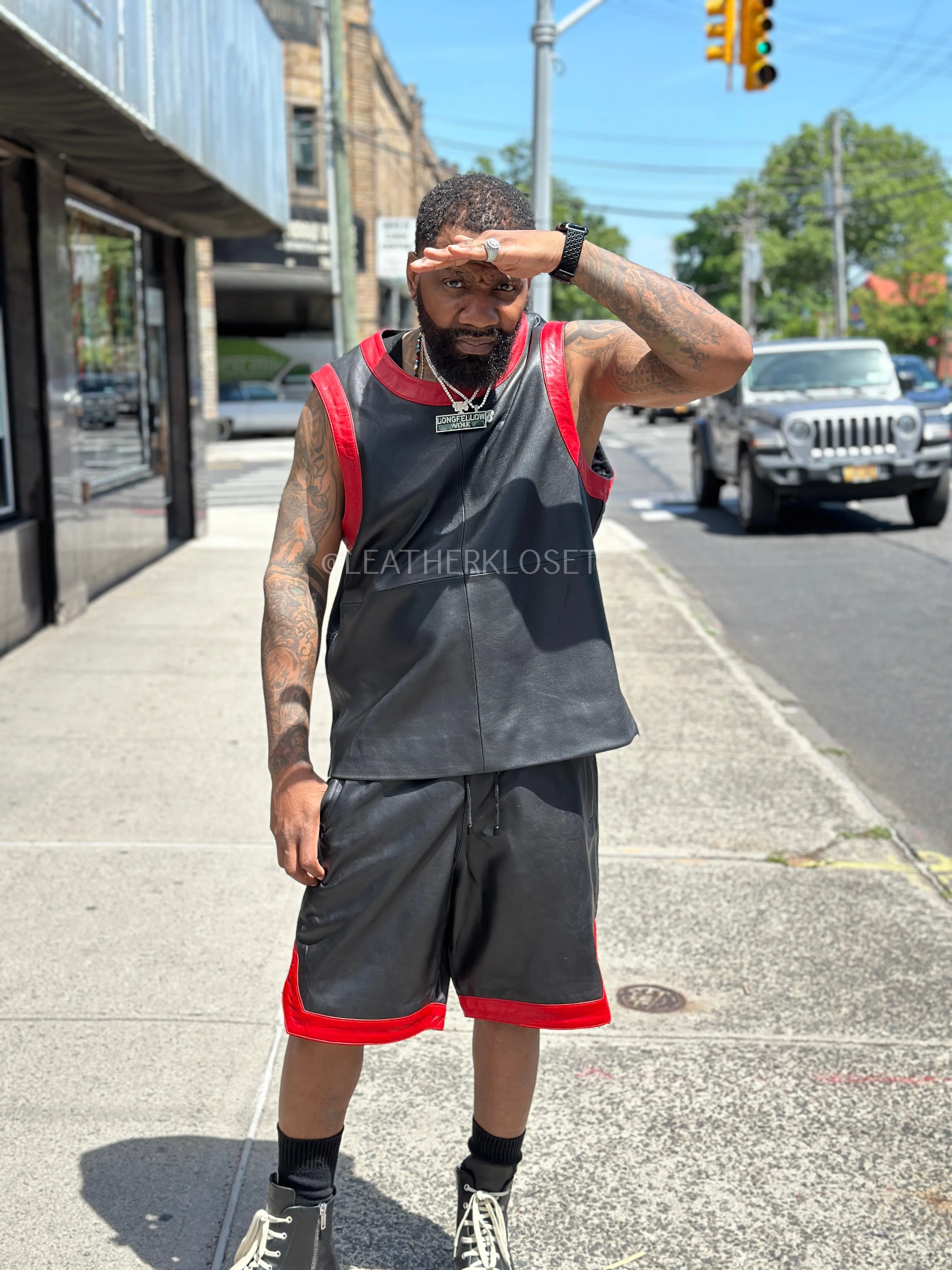 Men's Crossover Leather Basketball Jersey And Shorts [Black/Red]