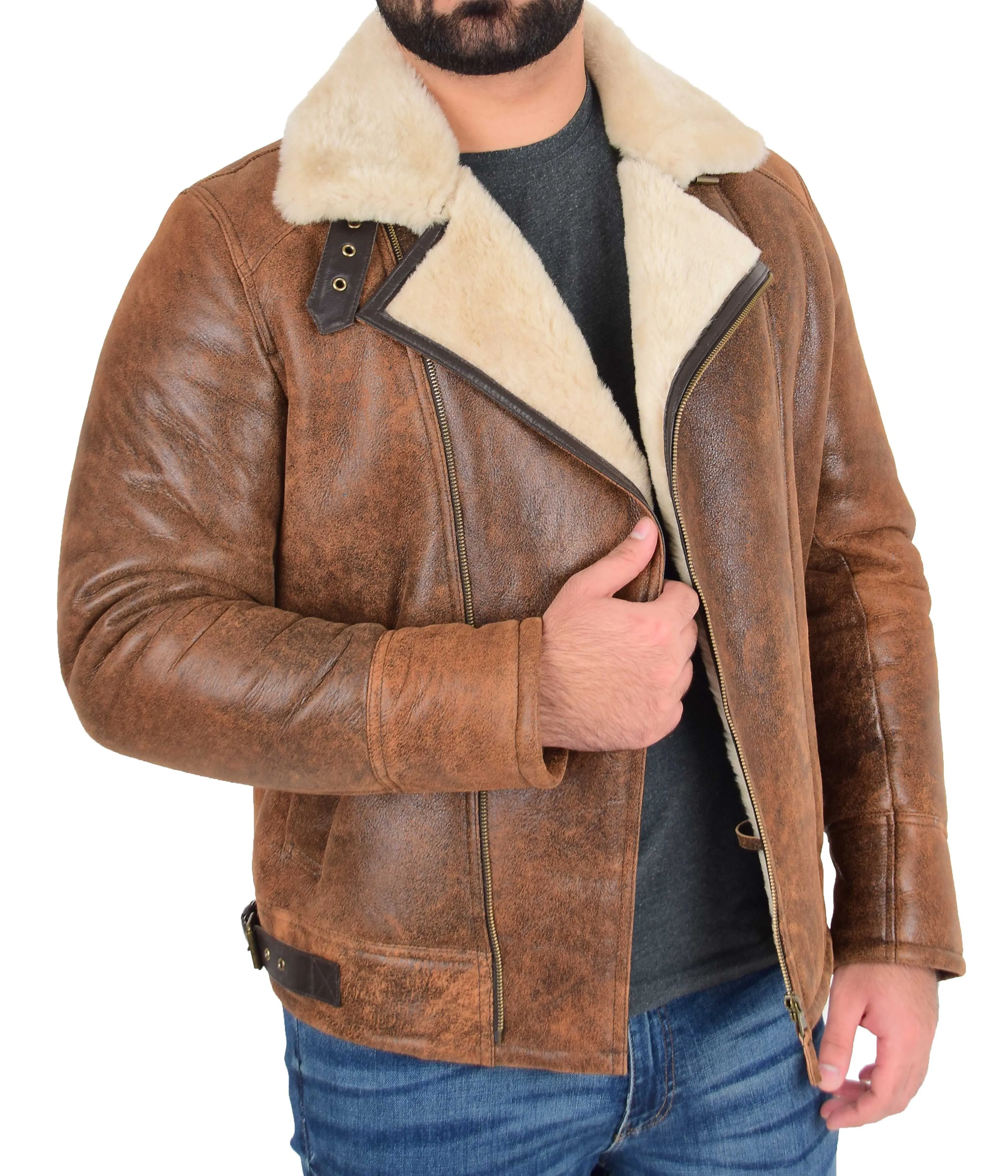 Mens Real Sheepskin Flying Jacket X-Zip Shearling B3 Aviator Stealth Brown Antique