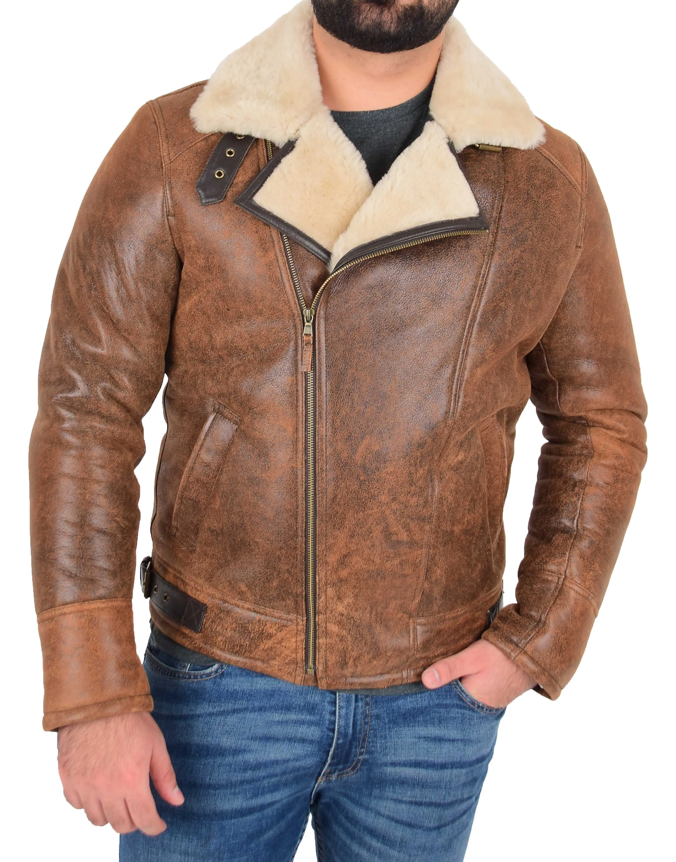 Mens Real Sheepskin Flying Jacket X-Zip Shearling B3 Aviator Stealth Brown Antique