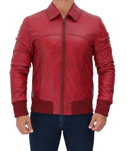 Men's Red Leather Bomber Jacket