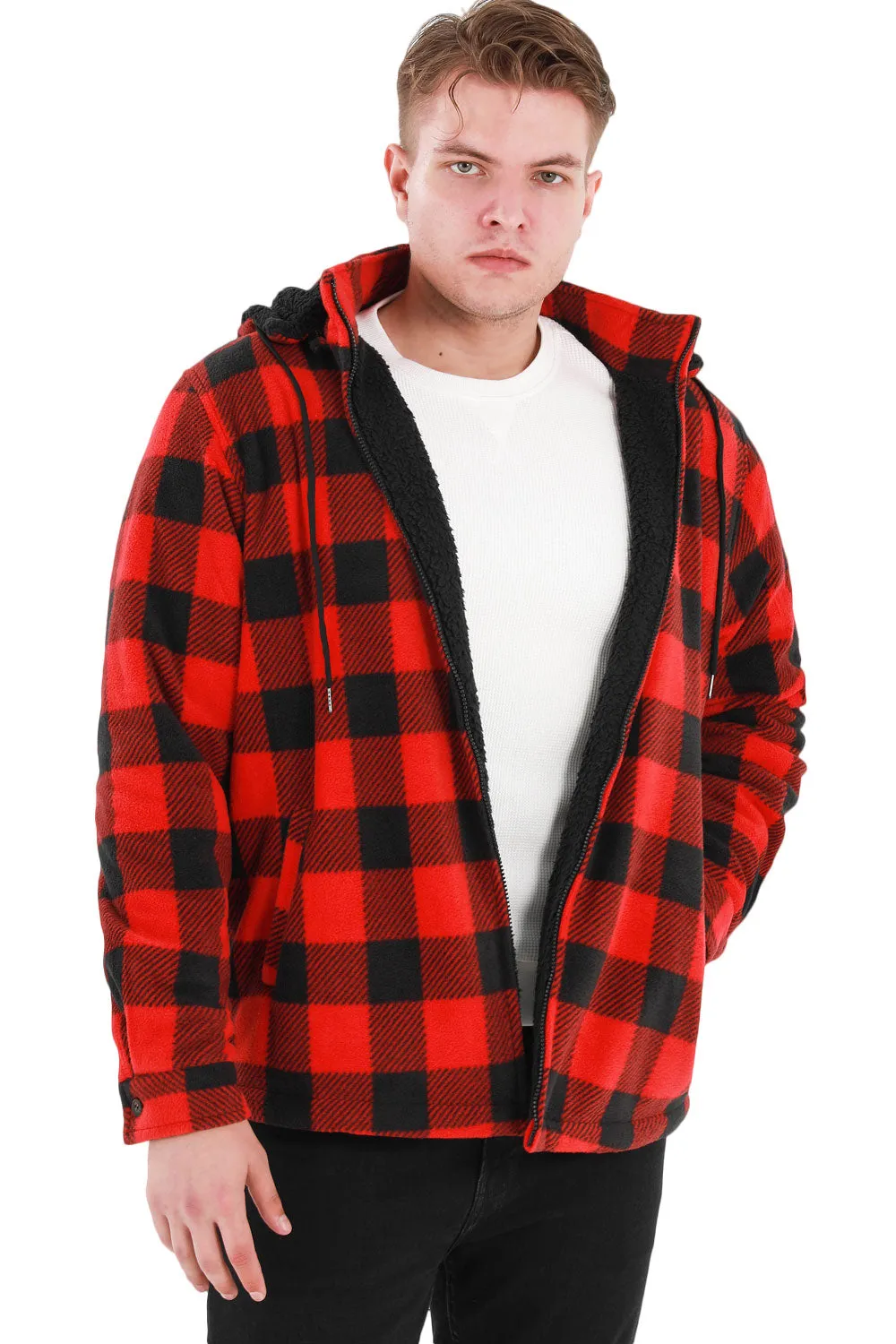 Men's Sherpa Lined Fleece Plaid Shirt Jacket with Removable Hood