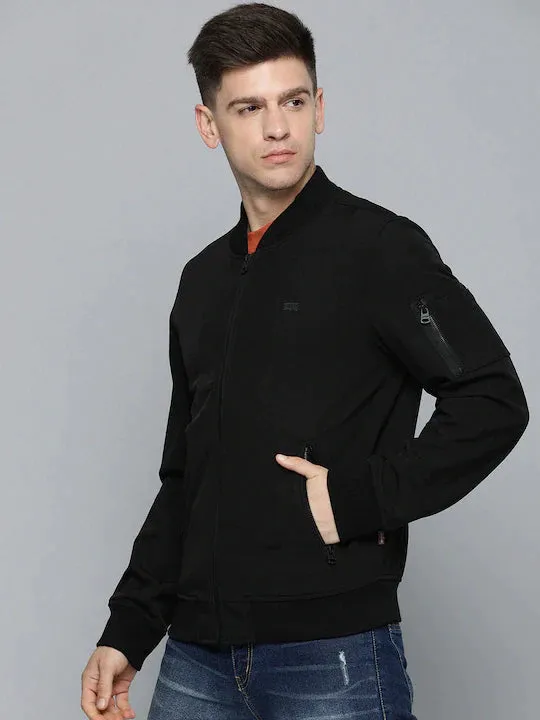 Men's Solid Band Neck Bomber Jacket