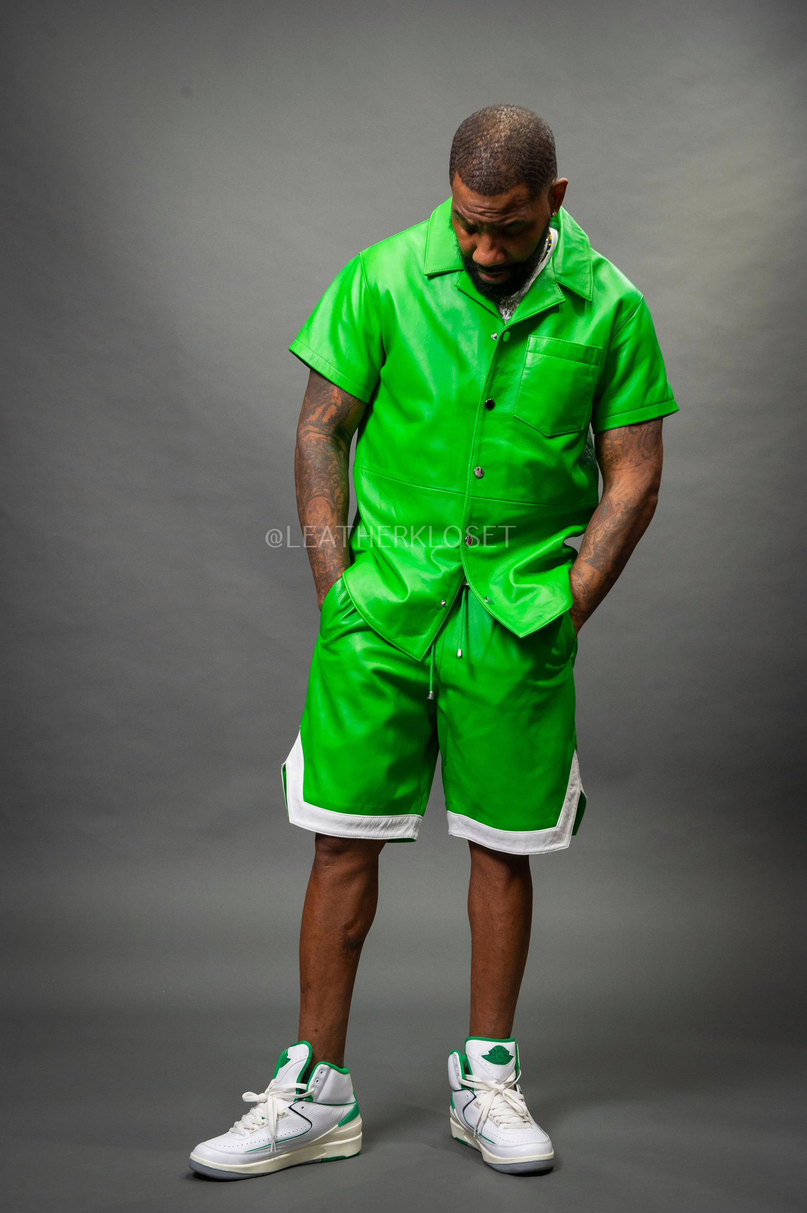 Men's Summer In Miami Leather Shirt And Shorts Set [Green]