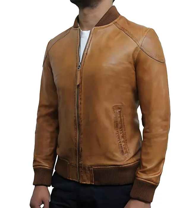 Men’s Tan Brown Waxed Lambskin Bomber Leather Jacket