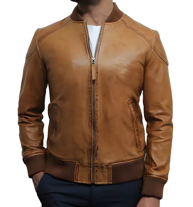 Men’s Tan Brown Waxed Lambskin Bomber Leather Jacket