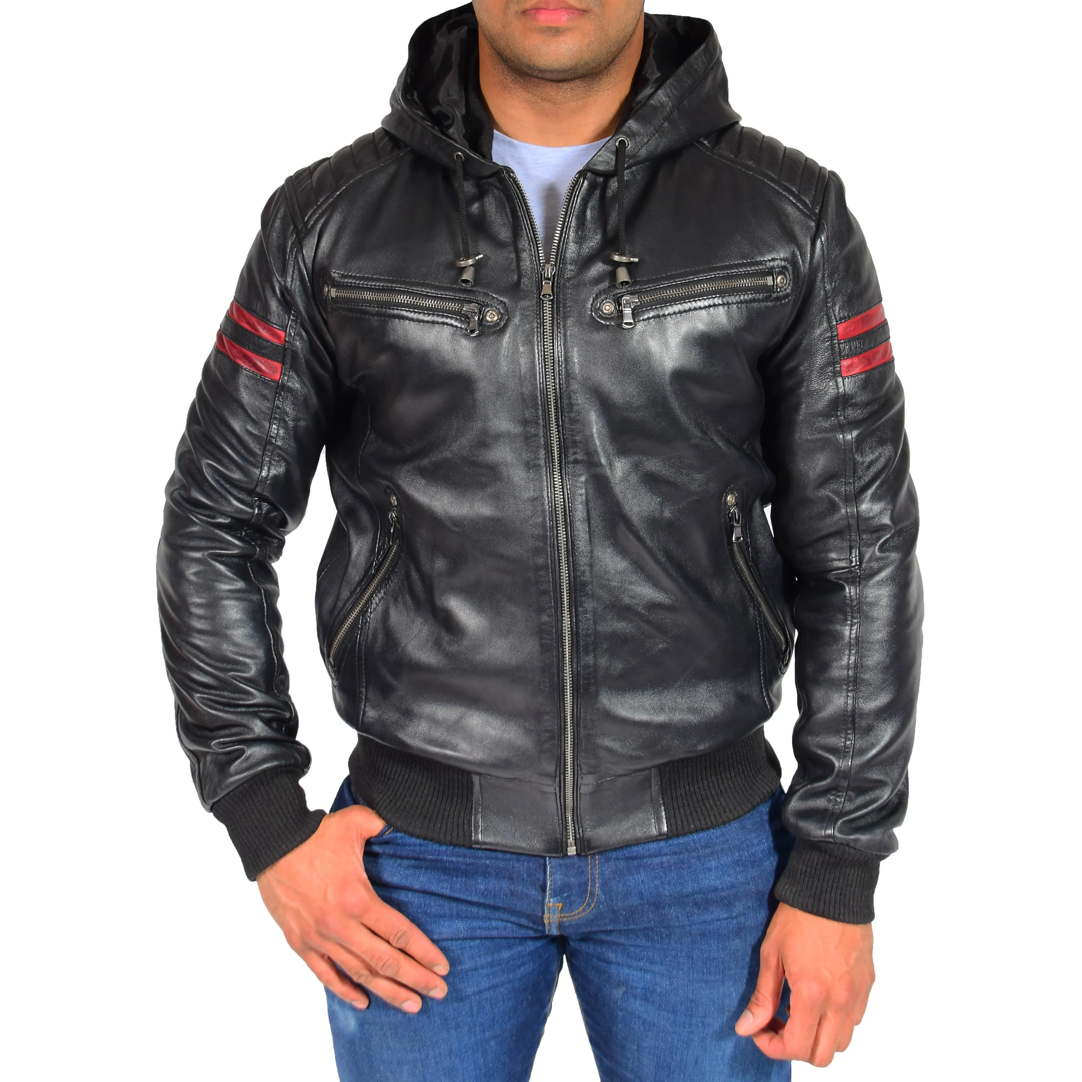 Mens Trendy Leather Hoody Black Fitted Soft Lambskin Bomber Jacket Dante