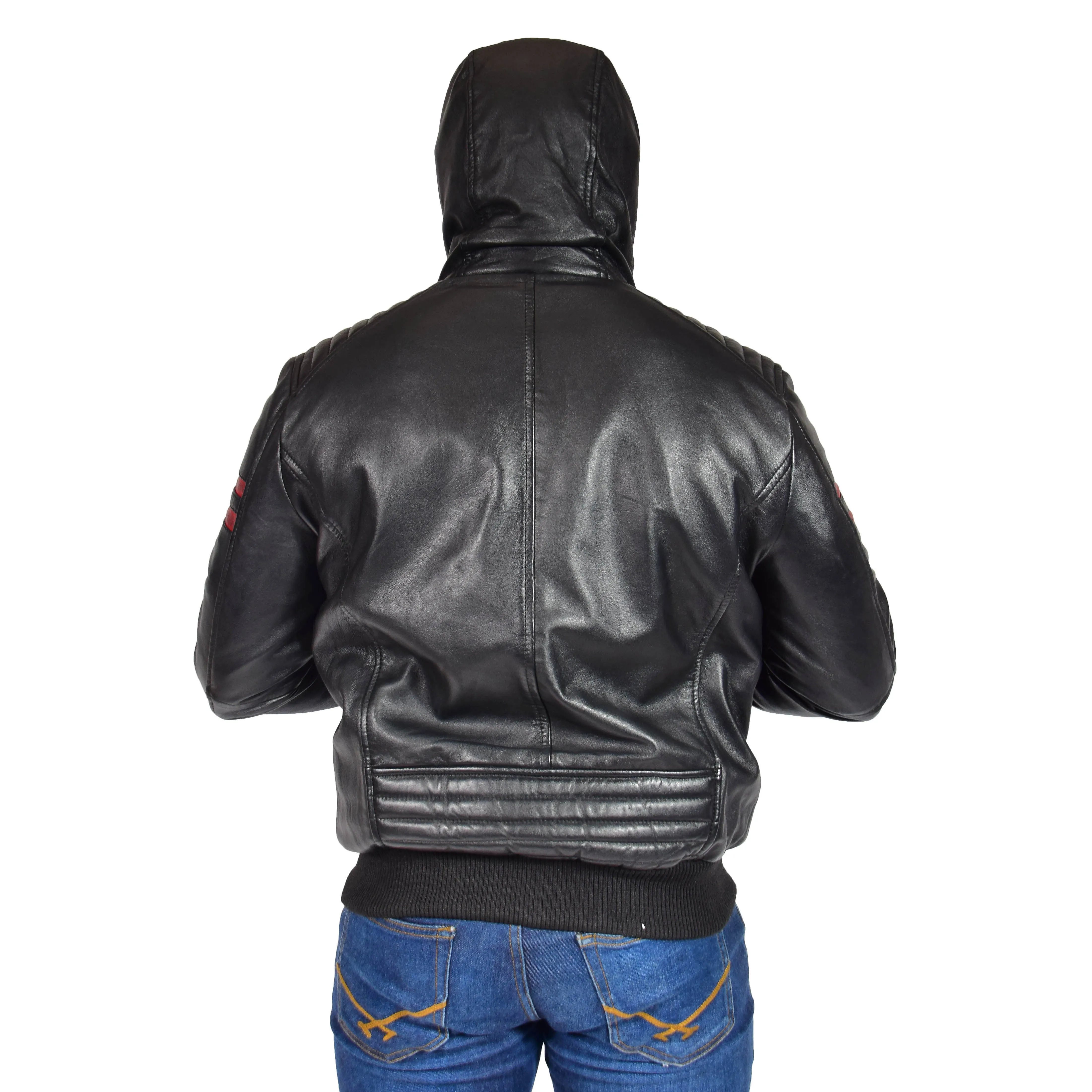 Mens Trendy Leather Hoody Black Fitted Soft Lambskin Bomber Jacket Dante